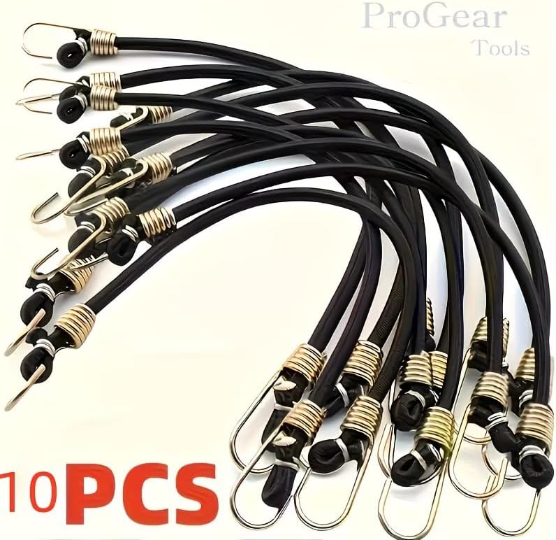 Heavy Duty Bungee Cords - 10 Pack Black Elastic Straps with Metal Hooks for Camping, Tent & Bike Use
