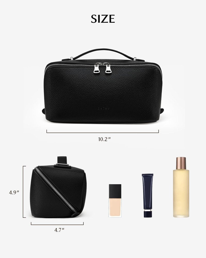 Travel Makeup Bag - Large Capacity Lychee Leather Cosmetic Organizer | Waterproof Toiletry Case with TPU Brush Compartment