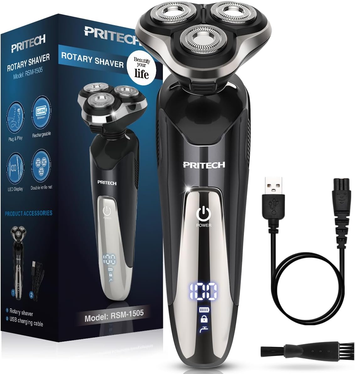 Electric Razor for Men - Waterproof Rechargeable Shaver with Nose Hair & Sideburn Trimmer | Cordless Wet/Dry Use