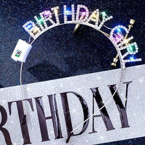 Silver Light Up Birthday Girl Headband with Rhinestones & Sash Set for Women