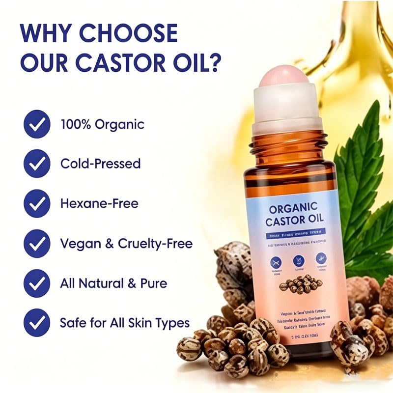 Organic Castor Oil Roller Ball - Cold-Pressed Essential Oil for Face, Hair & Eyebrows | Natural Hydration | 3-Piece Set