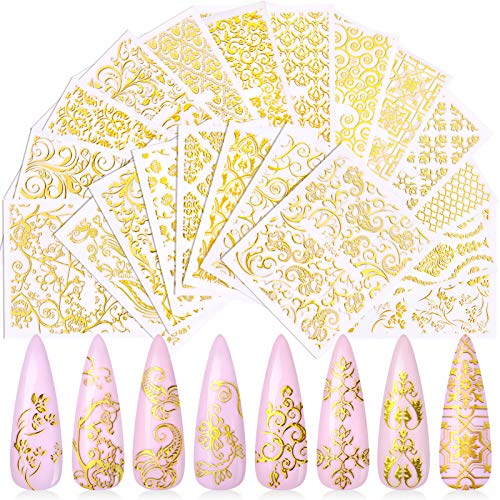 KISSBUTY Metallic Flower & Vine Nail Decals - 20 Sheets Gold Floral Nail Art Stickers for DIY & Salon
