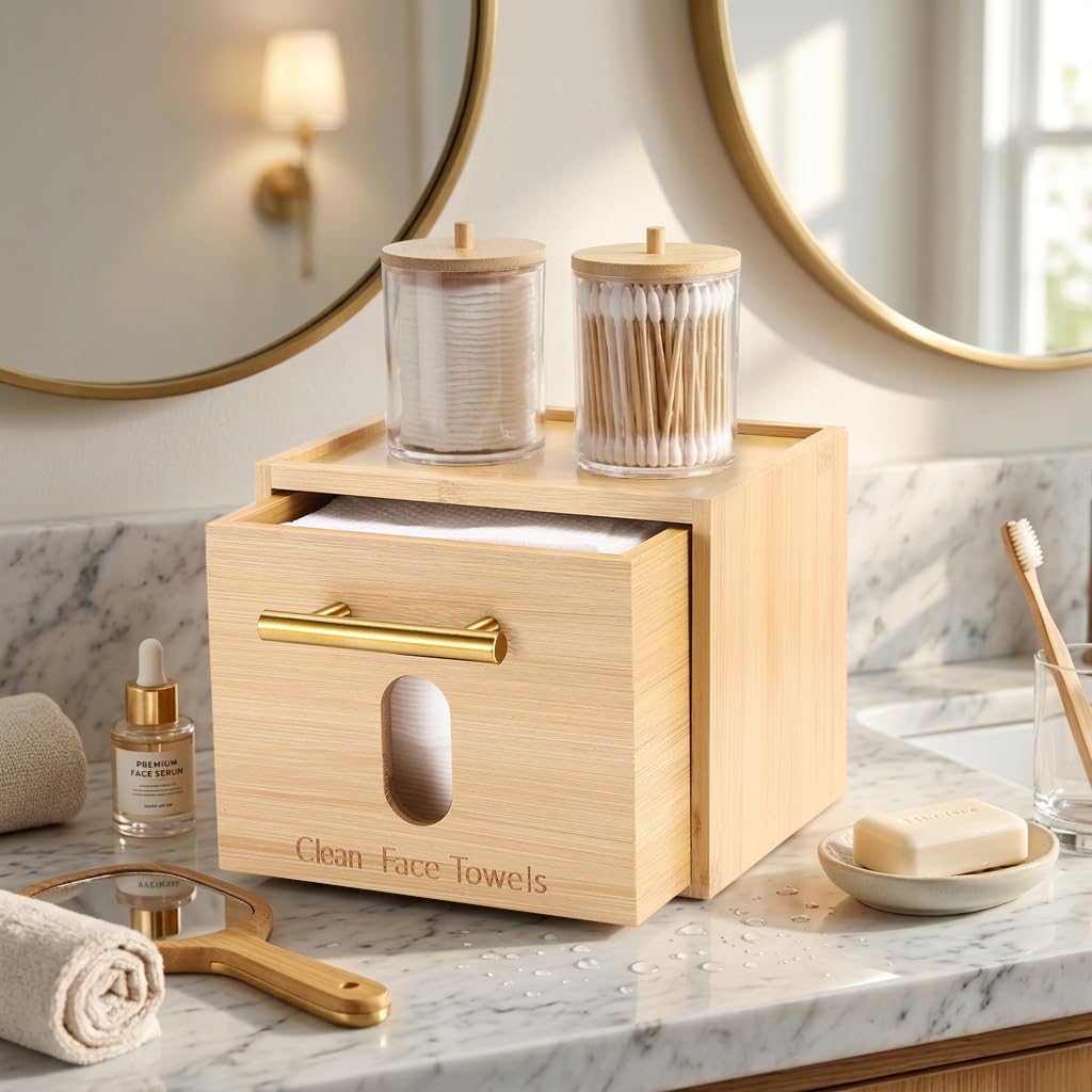 BSSN Face Towel Holder Bamboo Disposable Clean Towels Holder with Cotton Swab Box and 60ct Towels, Wall Mounted & Countertop Skincare Organizer, Bathroom Vanity Storage for Face Tissues & Makeup Pads