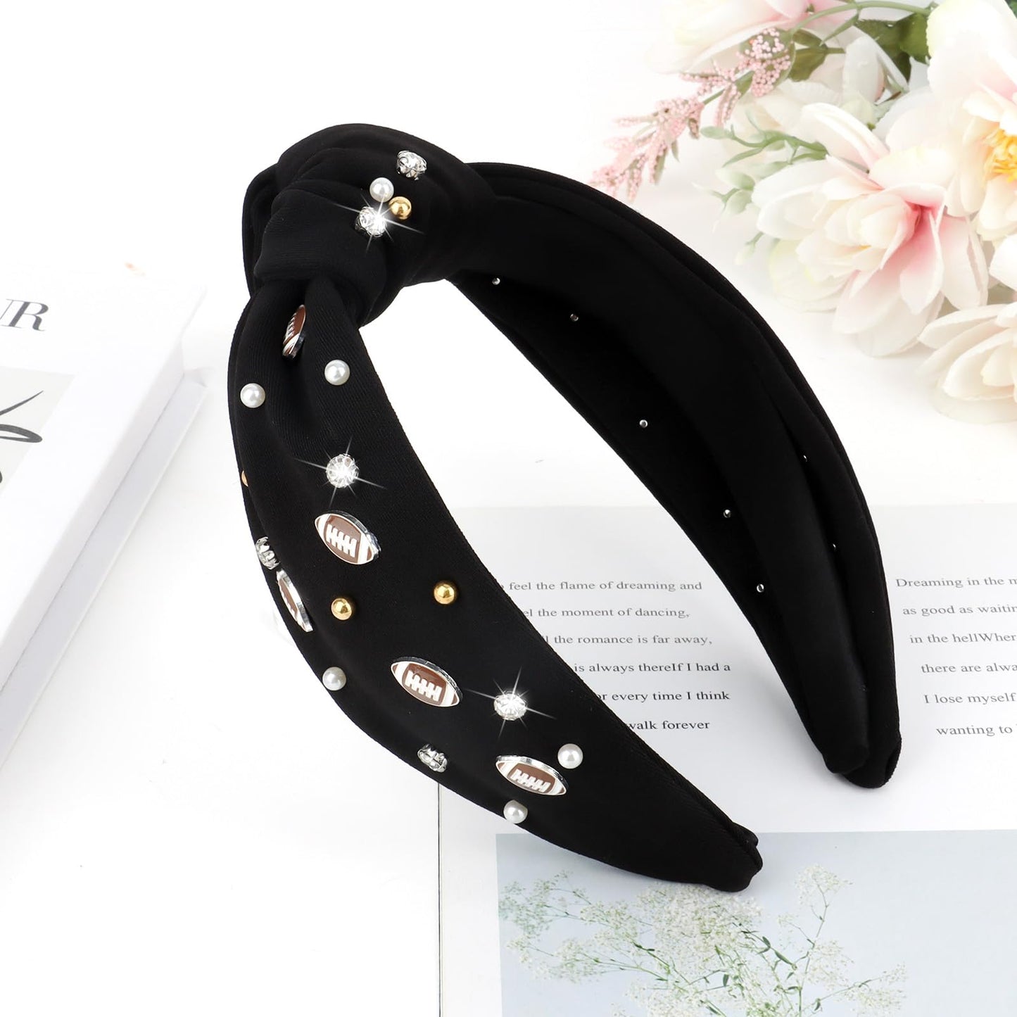 CIEHER Football Knotted Headband for Women Crystal Baseball Headbands Fun Sports Team Game Day Twisted Knot Hairband Spring Summer Football Hair Accessories for Baseball Fans Black Football Headband