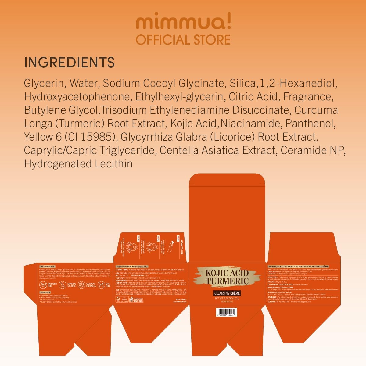 mimmua! KOJIC ACID TURMERIC CLEANSING CRΓME | Balm to Oil Cleanser | Makeup Remover Cleansing Cream | No Eye Stinging | Helps Even Tone & Fade Hyperpigmentation w/Consistent Use 100ml / 3.38 Fl Oz