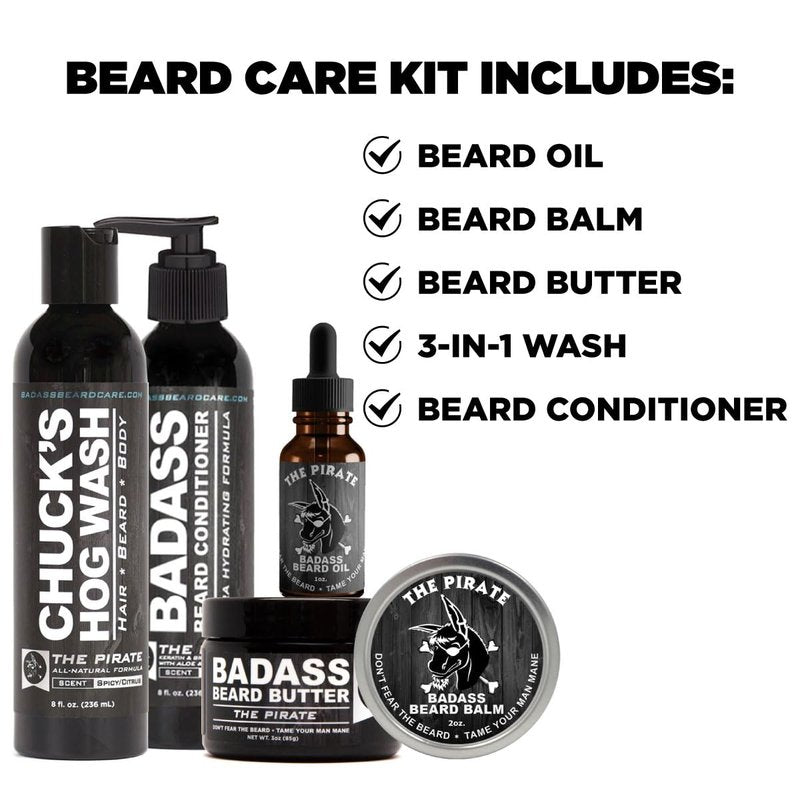 Badass Beard Care Complete Beard Care Kit - 5 Full Size Essentials - Includes Beard Oil, Beard Balm, Beard Butter, Wash and Conditioner - Promotes Fuller & Thicker Beard Growth (The Pirate)