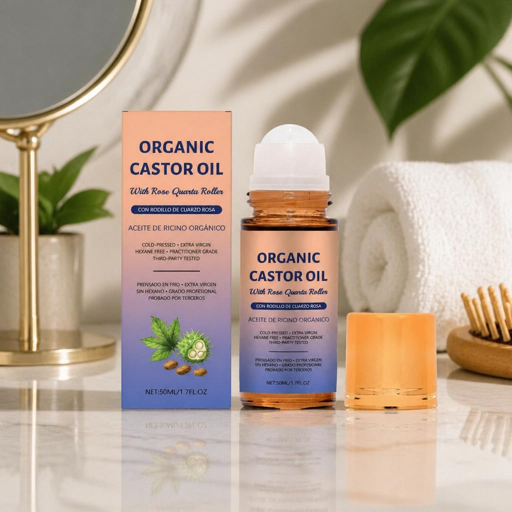 UNME SOULMA Castor Oil with Rose Quartz Roller Ball, Cold Pressed Castor Oil Roll On for Hair, Skin, Face, Scalp, Brows & Lashes, Deep Hydration & Anti-Aging, Travel Size 1.7 Fl Oz