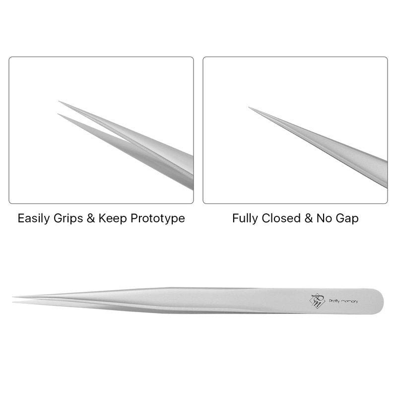 Pretty memory Pointed Tweezers for Eyelash Extensions, Stainless Steel Precision Straight Tip Lash tweezers for Isolation and Individual Lashes, Silver