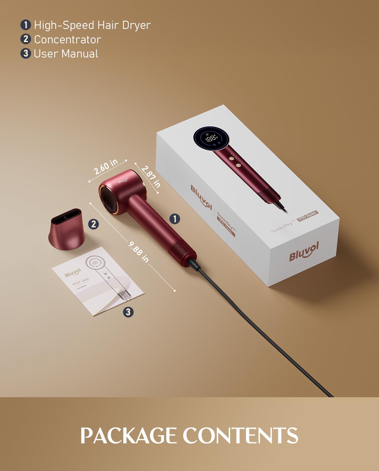Bluvol SonicDry H10 Apex Travel Hair Dryer, 110,000 RPM Brushless Motor for Fast Drying, Ionic AquaGlow Tech, 0.74lb LightFlow & 56dB Low Noise, Professional for Travel, Home & Salon - Burgundy