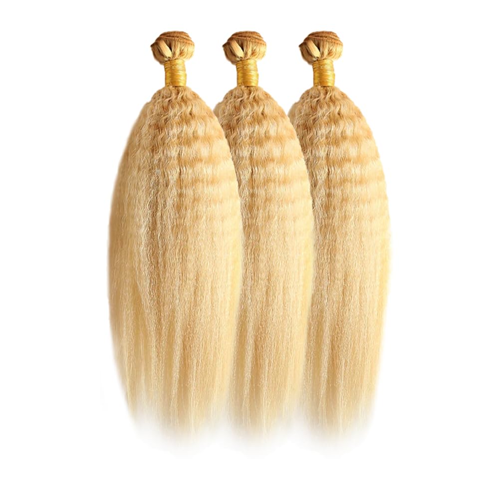 P27/613 Highlight Honey Blonde Bundles Human Hair Blonde Yaki Straight Bundles 16 18 20 Inch Unprocessed Brazilian Virgin Hair 3 Bundle 50 Gram Per Bundle Deals Quick Weave Hair Extensions