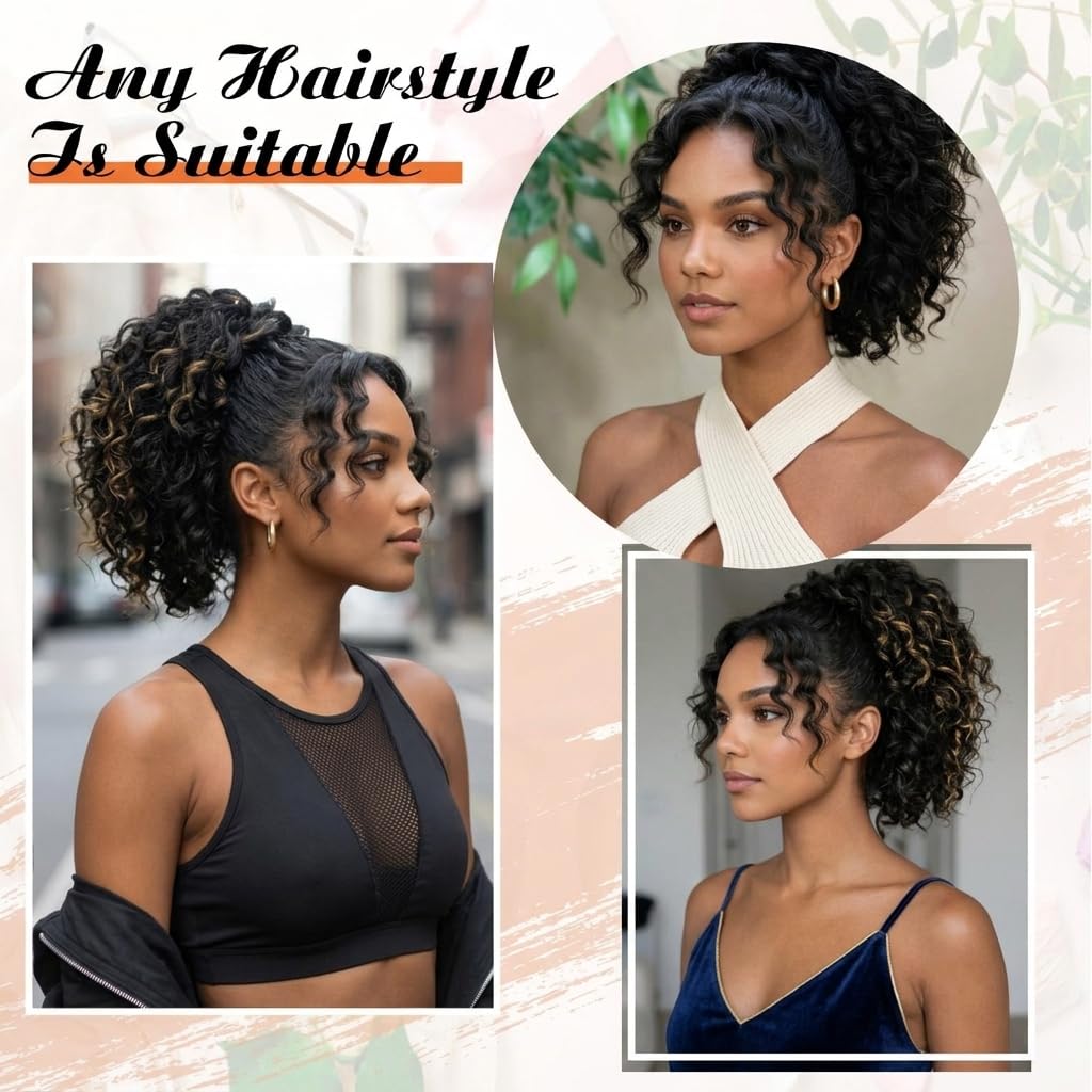 Rafabcici Short Yaki Wavy Curly Ponytail Extension, 8 Inch Drawstring Ponytail Hairpiece for Women, Soft Fluffy Synthetic Ponytail, Natural Looking Hair Extension for Everyday Wear(T1B-27)