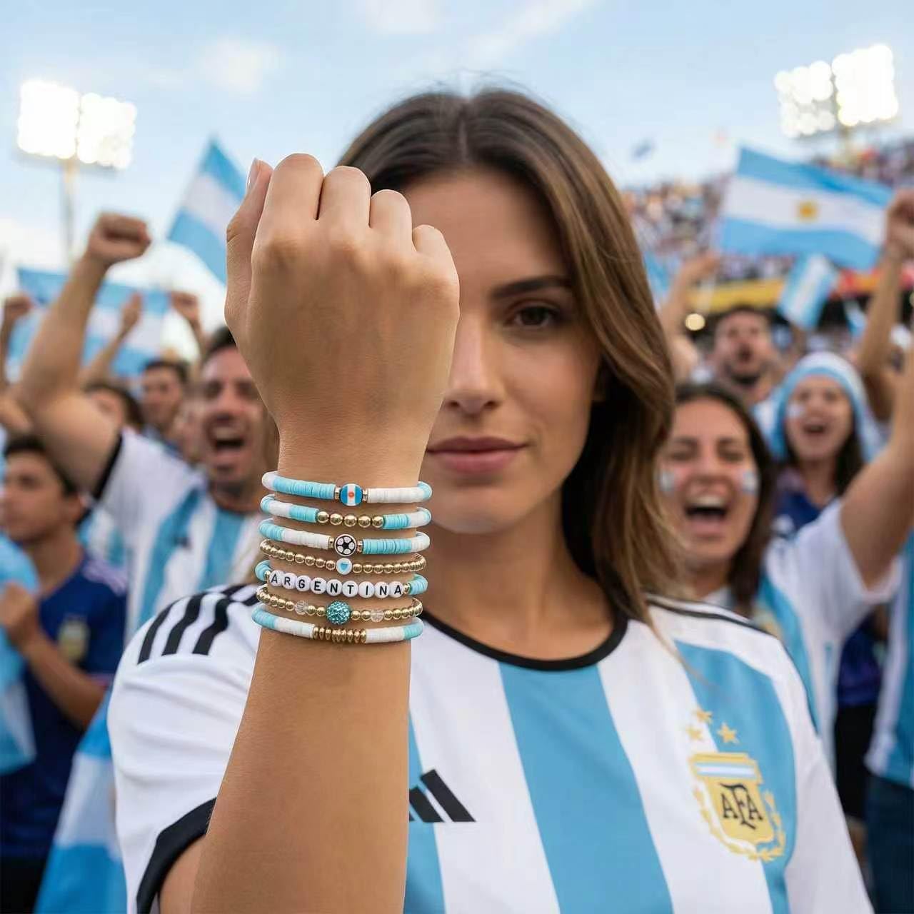 Poasrelax 2026 World Soccer Game day Cup Argentina Fan Bracelet Set 7-Pack Elastic Stretch Beaded Bracelets Handmade Soccer Support Wristbands with Flag Trophy Alphabet Beads for Women Fans (agentin)