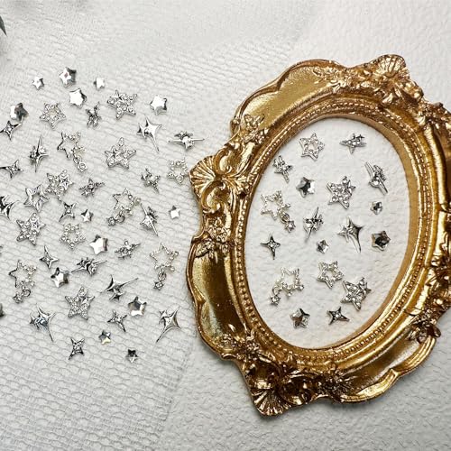 55pcs Y2K Silver Star Nail Charms - 3D Rhinestones for Nail Art