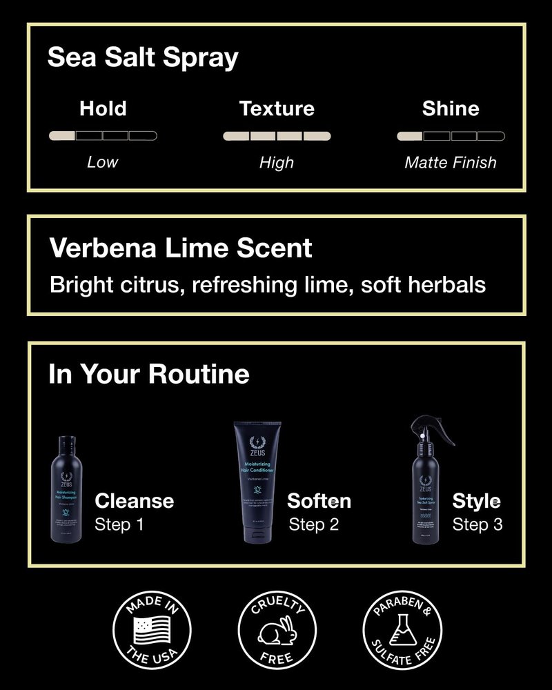 ZEUS Texturizing Sea Salt Hair Spray, Professional Volumizing & Styling Mist, Enhance Texture & Volume for Effortless Beachy Hair & Beard, Lightweight Hold & Matte Finish (Made in USA)