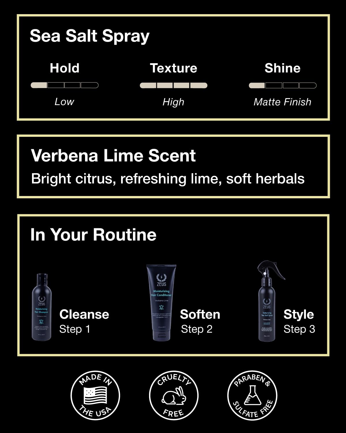 ZEUS Texturizing Sea Salt Hair Spray, Professional Volumizing & Styling Mist, Enhance Texture & Volume for Effortless Beachy Hair & Beard, Lightweight Hold & Matte Finish (Made in USA)