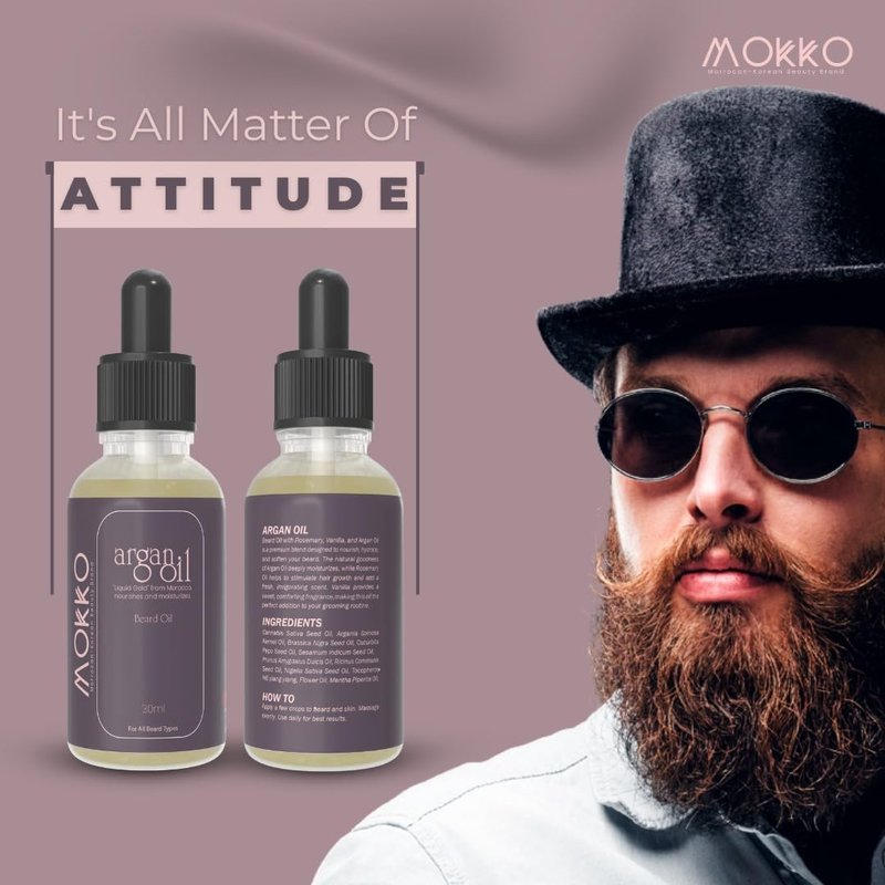 Mokko Argan Beard Oil – 100% Pure Moroccan Argan Oil for Men | Softens Beard, Reduces Itch, Promotes Growth & Adds Shine – 30ml
