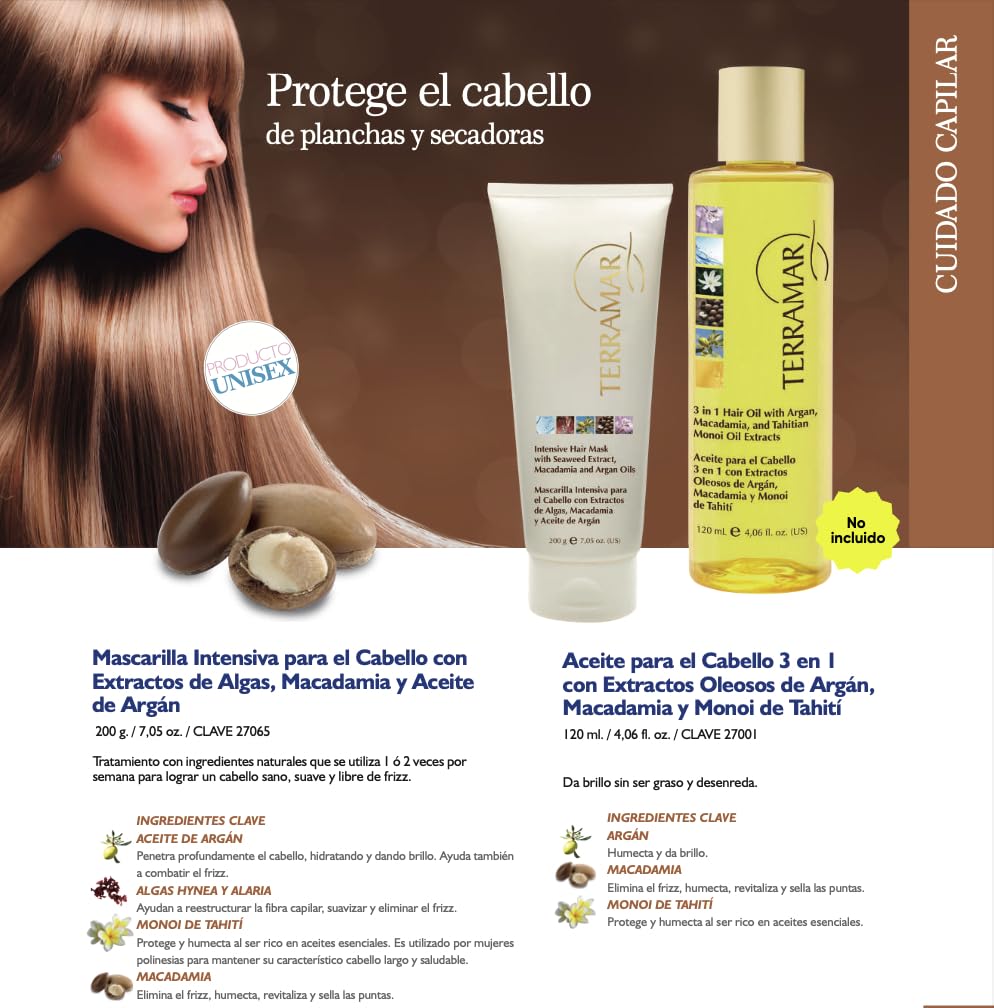 Terramar Intensive Hair Mask with Seaweed, Macadamia & Argan Oils - Deep Conditioning for Dry Damaged Hair - 7.05 oz
