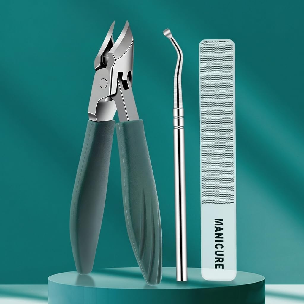Nail Clippers Set for Seniors - Thick Toenail & Ingrown Nail Care | 30° Slanted Eagle-Beak Clipper, Stainless Steel, Long Handle, Green & Black