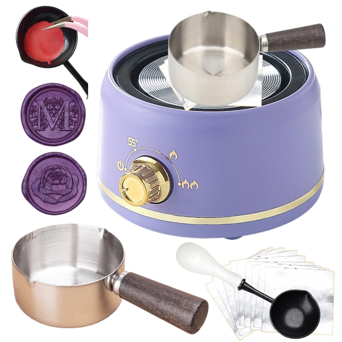 Sealing Wax Warmer Electric with a 80ml Large Spoon, a Non-Slip Melt Scoop Electrical Wax Seal Melting Furnace Warmer Kit Great Tool for Melting Waxs Seals Sticks Beads (Purple)
