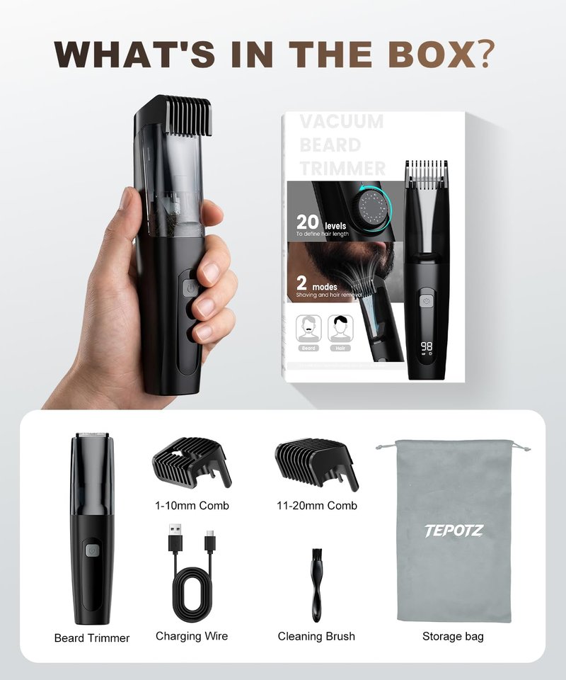 TEPOTZ Vacuum Beard Trimmer for Men, No Mess Trimming, 40 Adjustable Lengths Dial, Smooth Ceramic Blade for Sensitive Skin, Waterproof Wet/Dry, LED Display, USB-C Grooming Kit