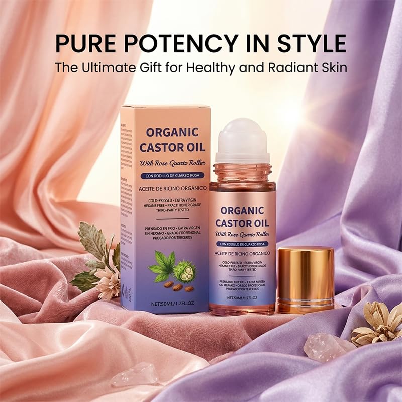 Organic Castor Oil Roll-On with Rose Quartz Roller | 100% Pure Cold Pressed for Face, Skin, Brows & Lashes - Travel Friendly (1PC)