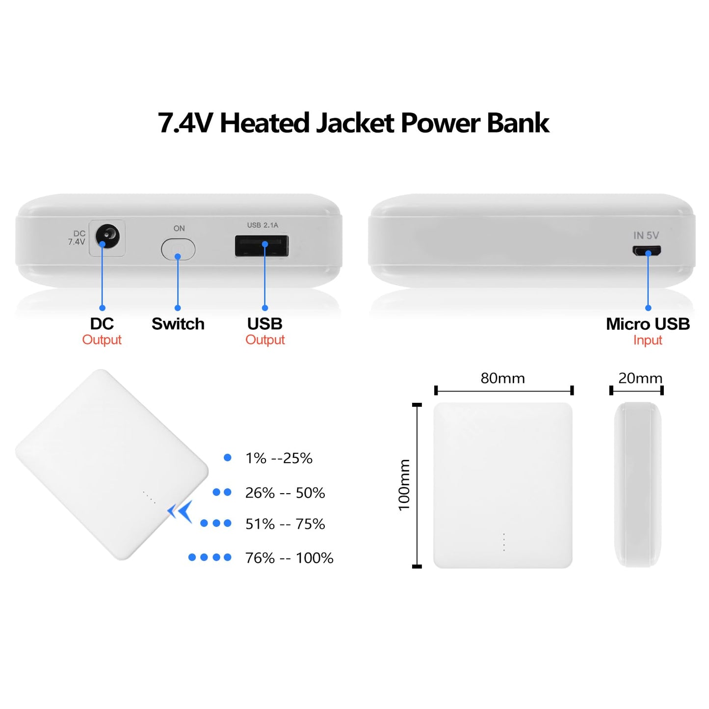 Smarkey 7.4v 5000mAh Heated Jacket Battery with Charger Cable Replacement Backup Pack for Hoodies, Vests, Down Coat
