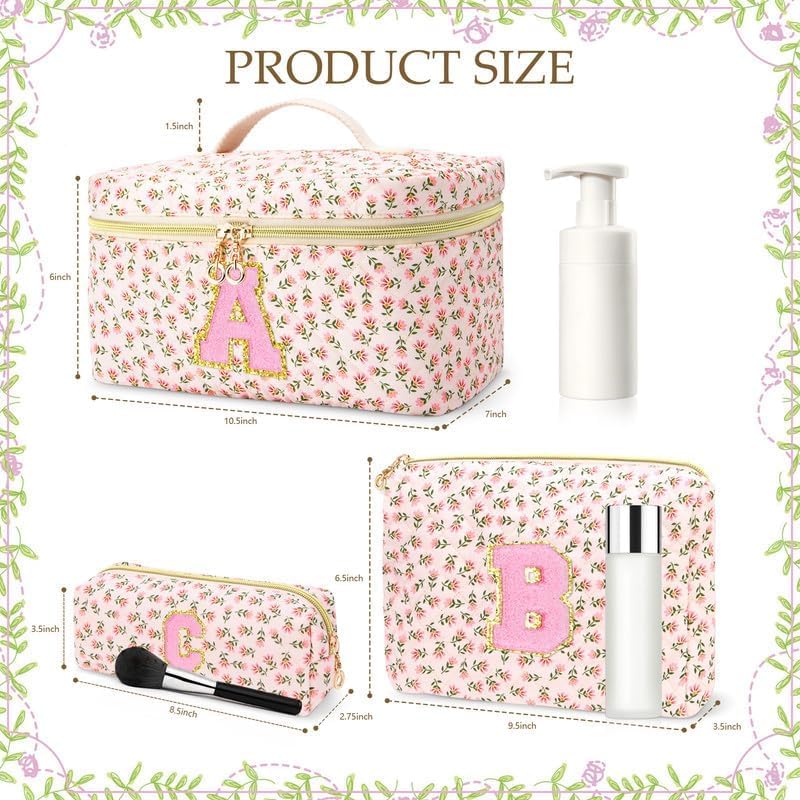 Personalized 3-Piece Quilted Makeup Bag Set with Initial Patch