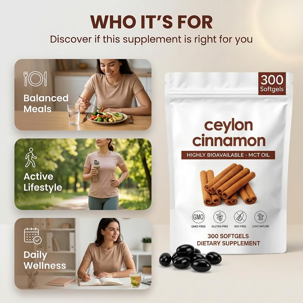 ZRRTXV Ceylon Cinnamon Softgels 𝟳𝟮𝟬𝟬𝙢𝙜 with MCT Oil, Herbal Extract Cinnamon Supplements, Non-GMO, Gluten Free, 300 Soft Gels