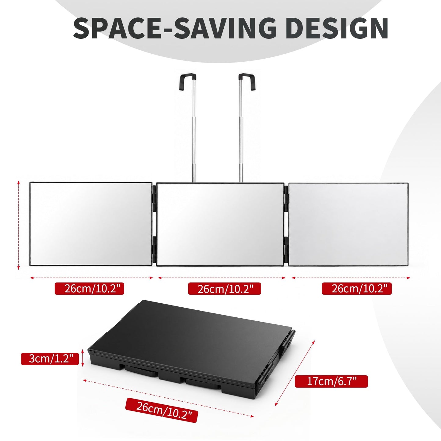 LAITEMEN 3 Way Mirror for Self Hair Cutting, 360 Barber Mirror Self Cut for Braiding Hair, 3way Haircut to See Back of Head for Men and Women, Black (Without LED)