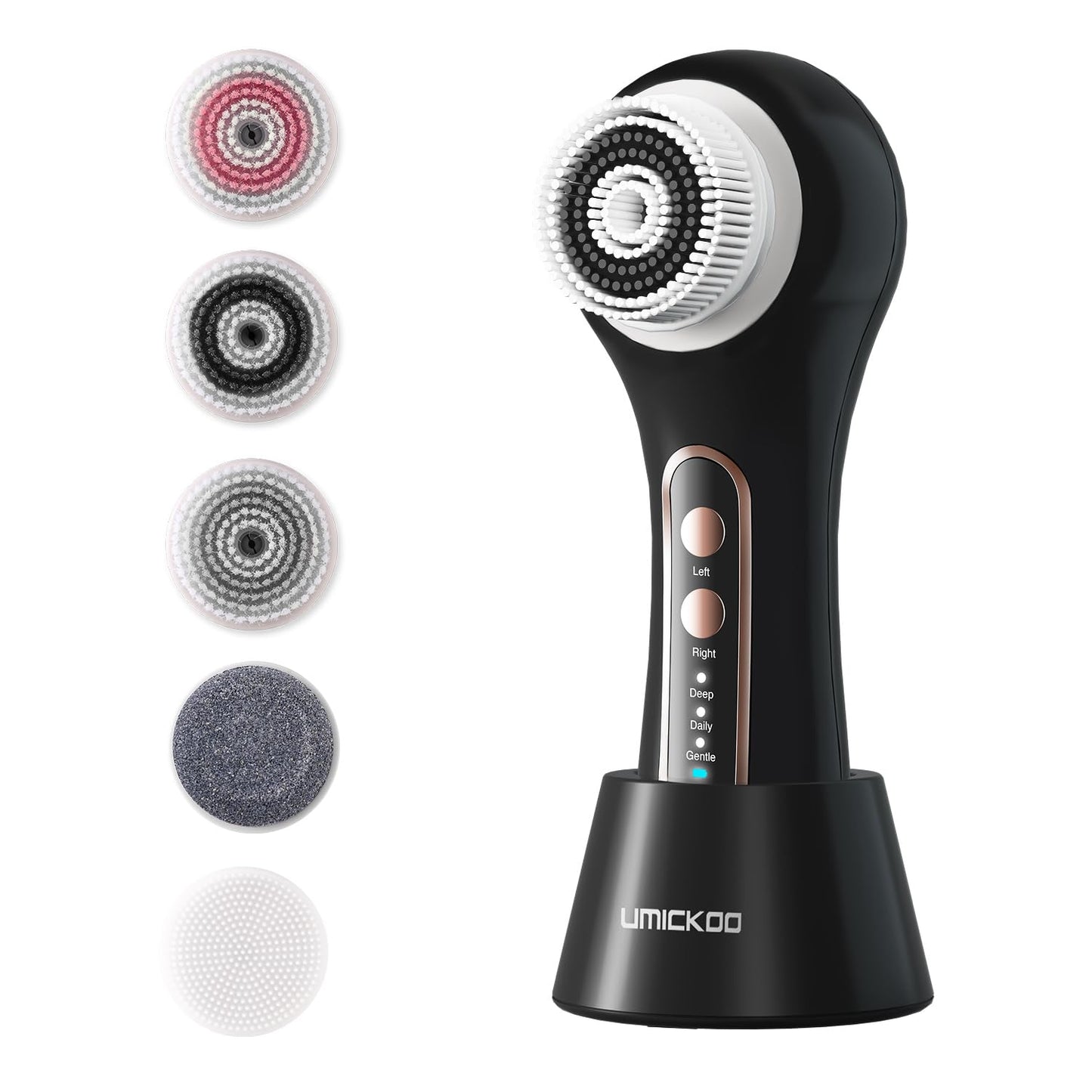UMICKOO Electric Facial Cleansing Brush, 2-Way Rotating Face Scrubber for Daily & Deep Cleaning, 3 Modes, 5 Brush Heads, Rechargeable, IPX7 Waterproof for All Skin Types