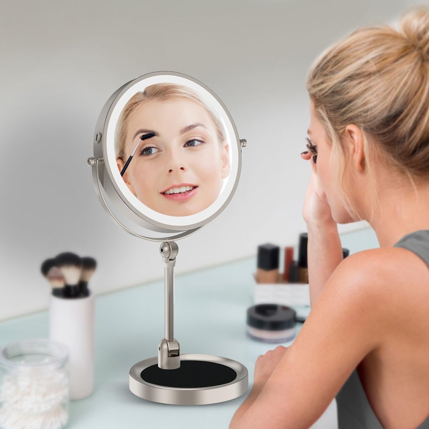 Rocollos Tabletop Makeup Mirror with Built-in Vanity Tray, 9" Rechargeable 4000mAh Lighted Vanity Mirror 1X/10X Magnification, Height-Adjustable Arm, 3 Color Dimmable (9Inch Nickel)