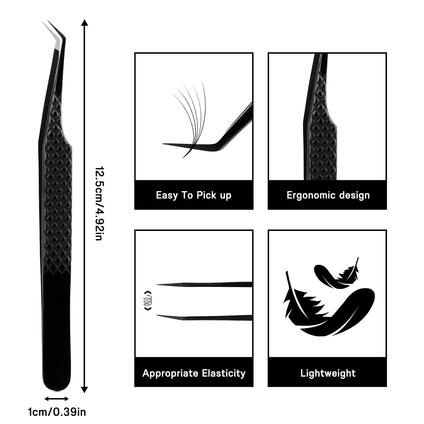 VAVALASH Lash Tweezers for Eyelash Extensions, Fiber Tip Diamond Grip 45 Degree Tweezers, Professional Precision Black Lash Tweezers for Volume & Classic Lashes