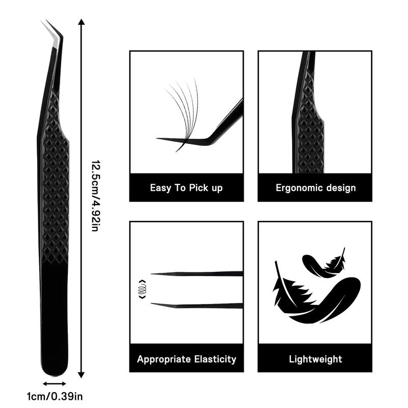 VAVALASH Lash Tweezers for Eyelash Extensions, Fiber Tip Diamond Grip 45 Degree Tweezers, Professional Precision Black Lash Tweezers for Volume & Classic Lashes