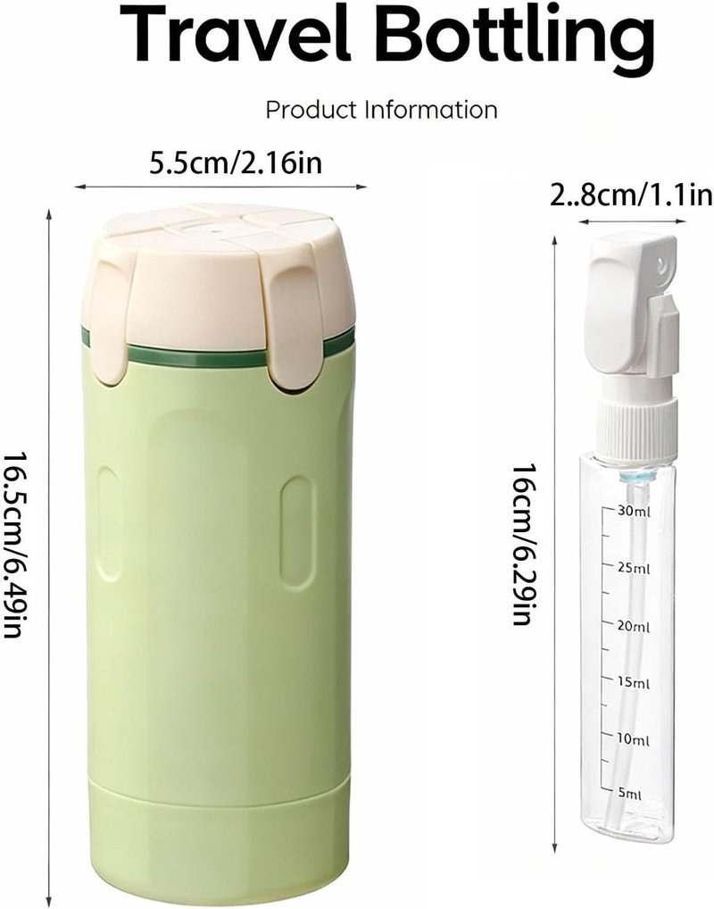 Travel Dispenser Bottle Set - 4 in 1 Refillable Leak-Proof Toiletry Bottles | Light Green, 16.5cm x 5.5cm