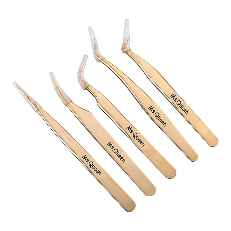 Ms.Queen Eyelash Extension Tweezers-Precision Tweezers for 2D-6D Volume&Individual False Lashes Extensions-Golden-5pcs Tweezers Set