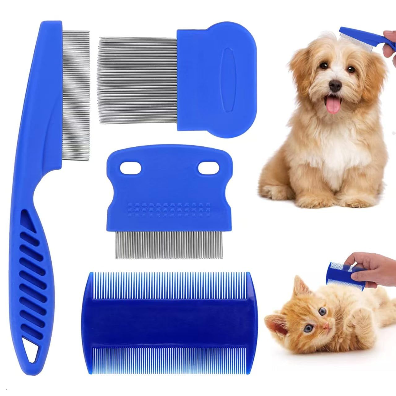 4 Pack Stainless Steel Flea & Lice Combs for Dogs and Cats, Double Sided Grooming Tool with Rounded Teeth, Professional Dematting & Tear Stain Remover for Small, Medium & Large Pets