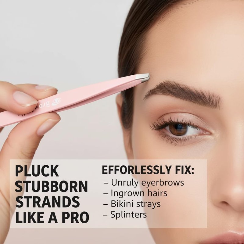 BrowVella Precision Slant Tip Tweezers for Eyebrows – Stainless Steel Professional Eyebrow Tweezers for Facial Hair & Ingrown Hair Removal - Pink