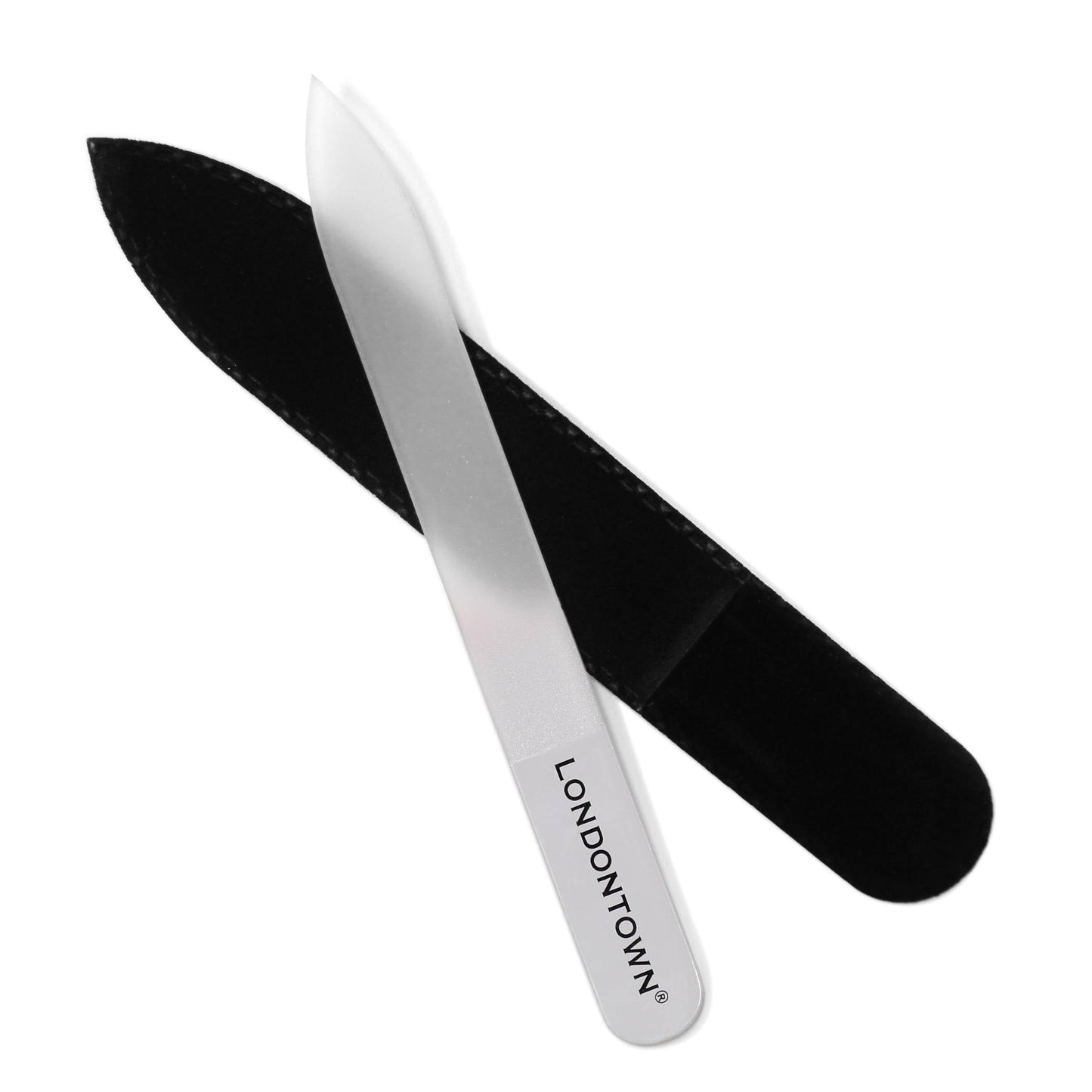 LONDONTOWN Clear Double-Sided Glass Nail File & Care Tool, Professional Grit Etched Crystal Manicure Accessory with Case Pouch