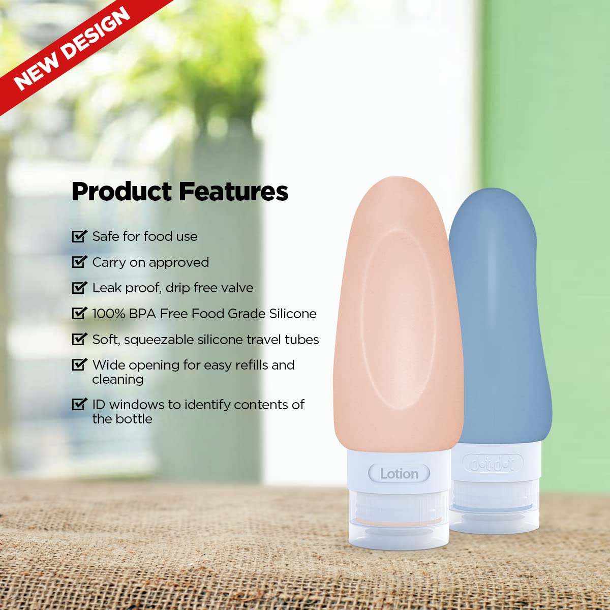 Dot&Dot Leak Proof Travel Bottles - Tubes for Liquid TSA Approved 2oz Silicone Toiletries Travel Shampoo & Conditioner Containers with Labels