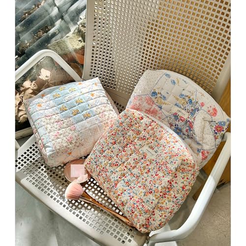 uekeboag Pink Floral Quilted Cotton Makeup Bag - Coquette Pouch (03Pink Flower)