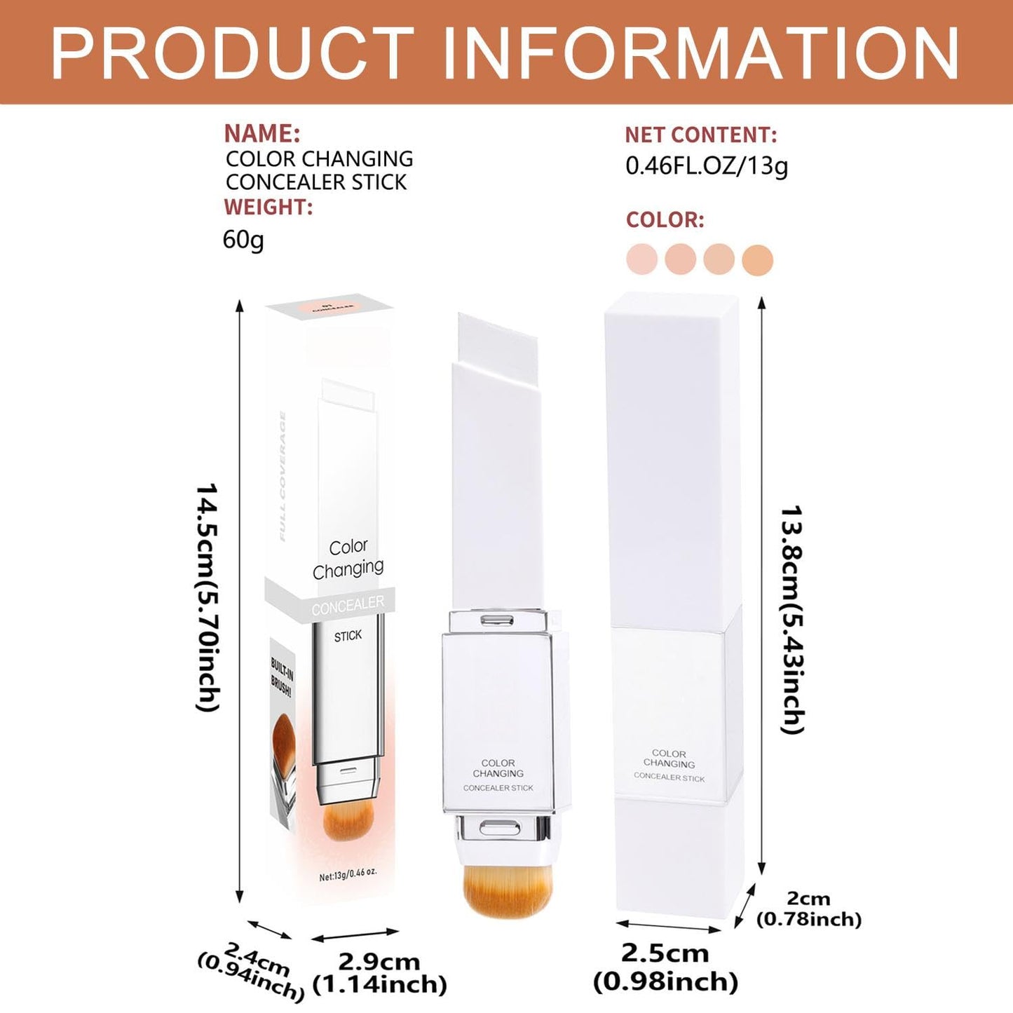 Wismee Color Changing Foundation Stick with Brush, 2 in 1 White Korean Foundation, Moisturizing Long-Lasting Hydration Full Coverage Base Concealer Makeup (Natural)