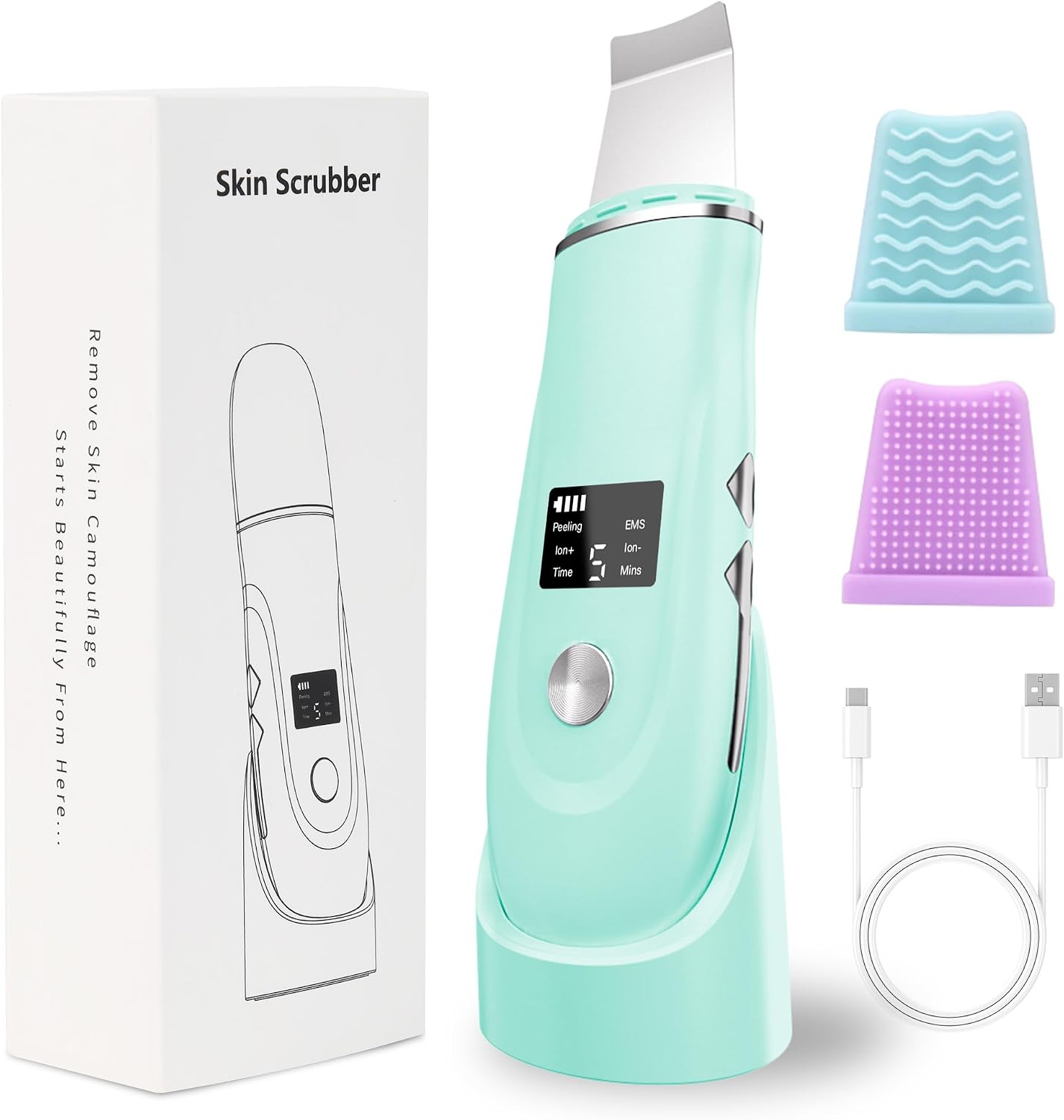 Face Scrubber Skin Spatula - 4-in-1 Blackhead Remover Tool for Deep Cleansing | Fast Charging Dock Included, White