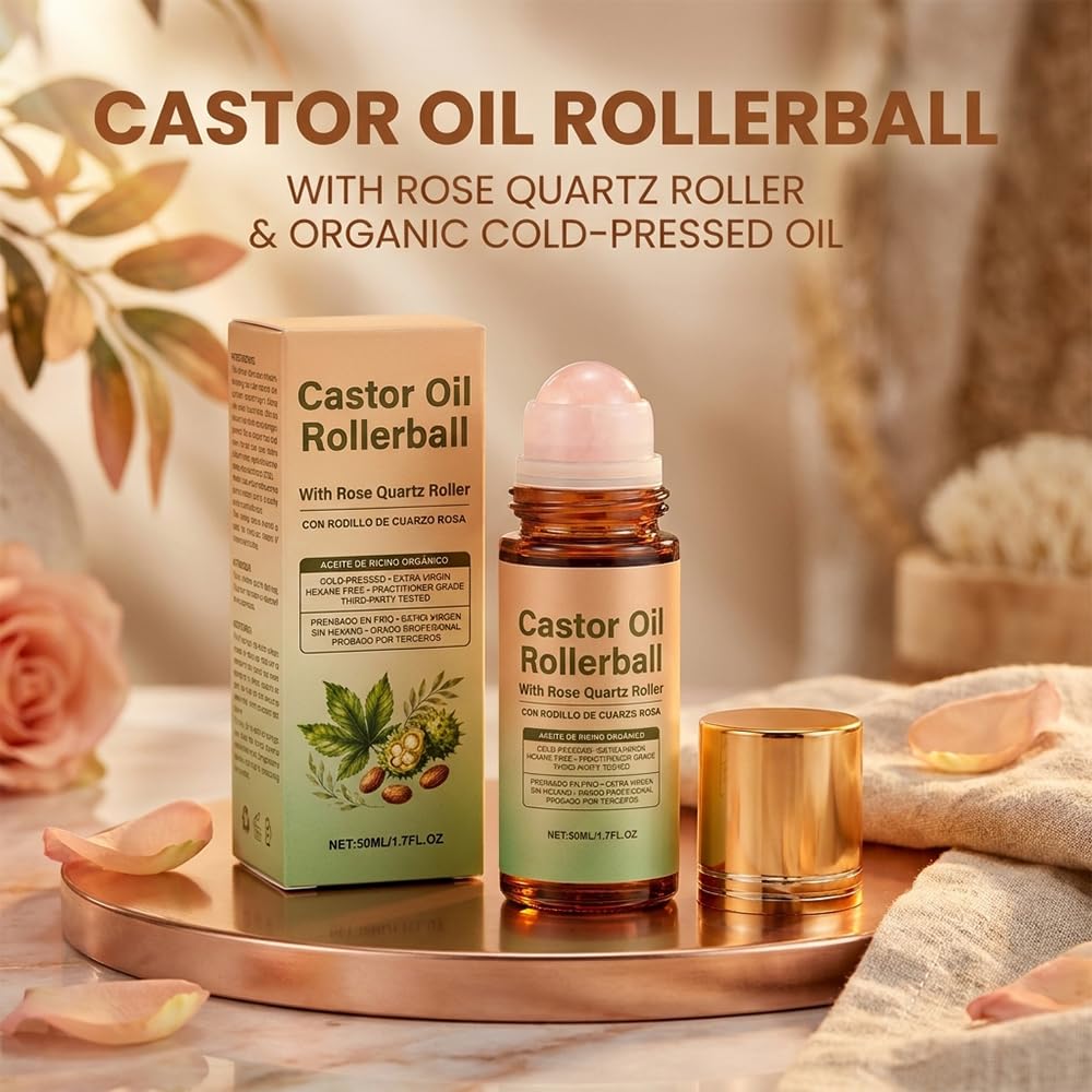 Castor Oil with Rose Quartz Roller - 100% Cold Pressed Moisturizing Oil for Face, Body & Hair | 1 Piece