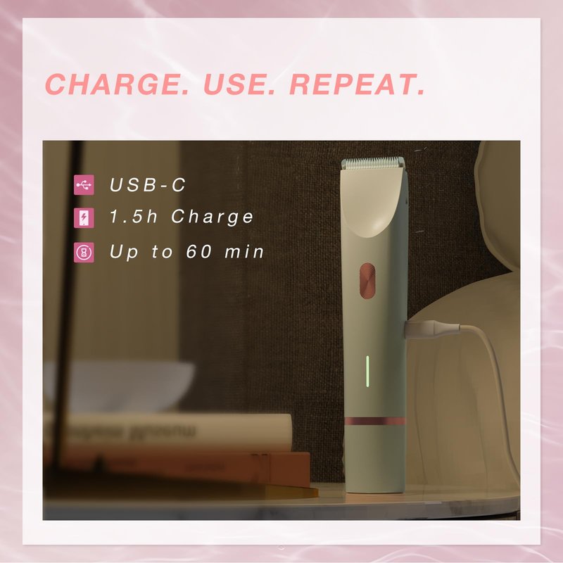 AMURS Bikini Trimmer Women, Dual-Head Electric Shaver for Women for Sensitive Areas, USB-C Rechargeable, IP67 Waterproof Rinsable Body Groomer, for Bikini Line, Underarms, Legs & Face,White Rose