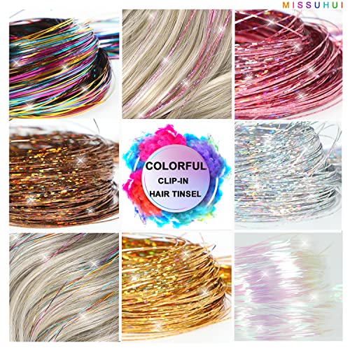 MISSUHUI 12 Pcs Clip-In Hair Tinsel Extensions 23.6 Inch Lake Blue Sparkling Hair Accessories