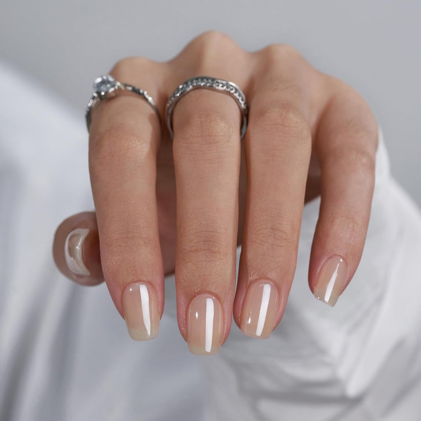 French Tip Press On Nails - Chrome Short Almond Design | Semi-Transparent Soft Gel, 16 Sizes, 32 Piece Kit