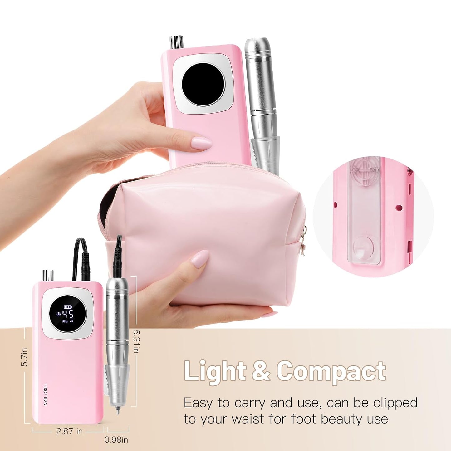 Rechargeable Electric Nail File - 45000RPM Portable Efile Drill Kit | Cordless Nail Drill for Acrylic & Gel Nails, Pink