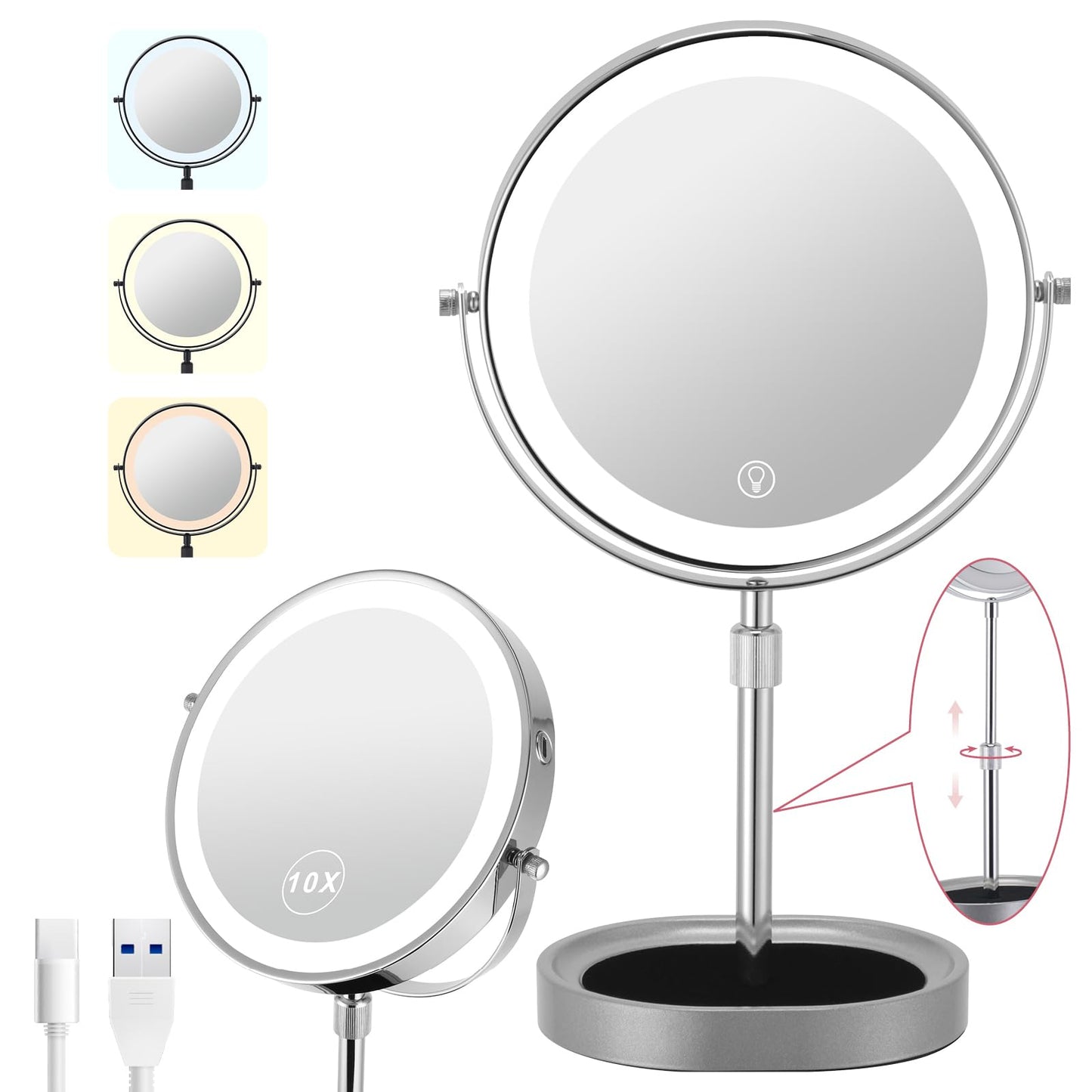 Rechargeable Adjustable-Height Makeup Mirror with 3 Color Lights,Touch Screen and Dimmable Settings,8'' Dual-Sided 1X/10X,360° Rotation Vanity Mirror with Jewelry Tray,Lighting Cosmetic Mirror
