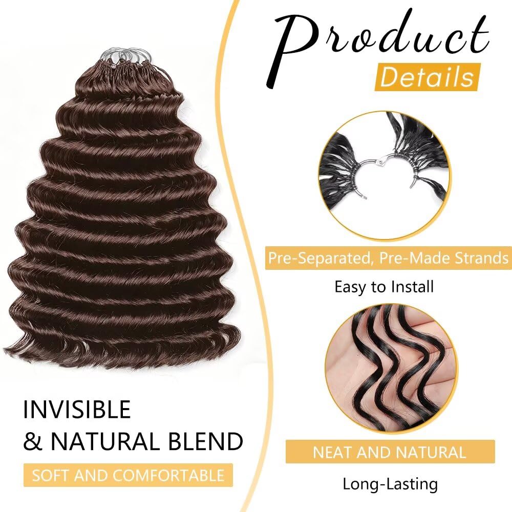 Feather Crochet Human Hair Deep Ocean Wave Crochet Human Hair Bundles 18 Inch 150g Pre-Separated Human Crochet Hair for Black Women Loop Invisible Crochet Hair Extensions 120 Strands Medium Brown