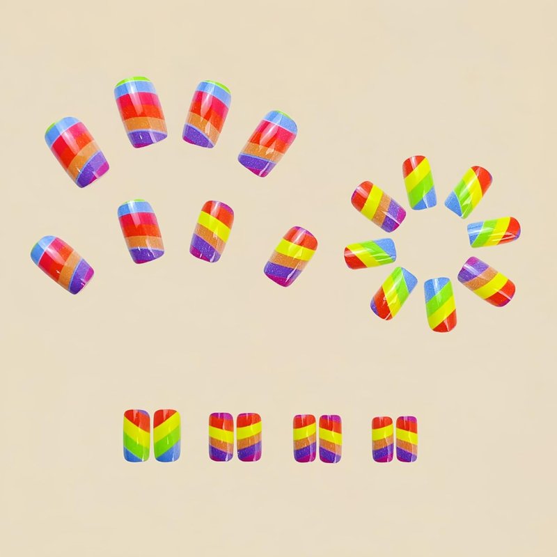Rainbow Press On Nails - Medium Square Acrylic Nails with Colorful Stripes | 24 Pcs Full Cover Summer Design